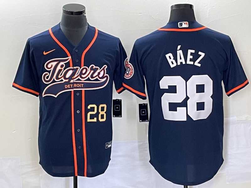 Men%27s Detroit Tigers #28 Javier Baez Number Navy Blue Cool Base Stitched Baseball Jersey